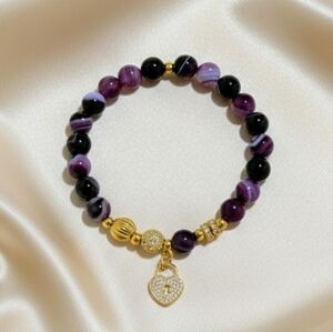 Striped Agate Bracelet With Cubic Zirconia Charm